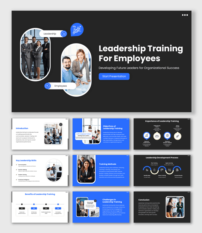 Leadership Training For Employees slides with dark theme, team images, icons, shapes, and clear text sections.