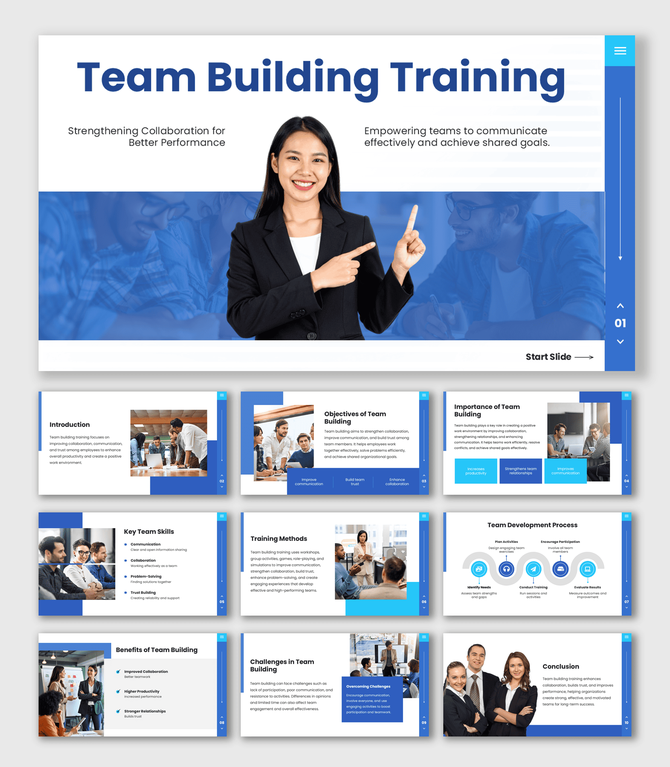 Team Building Training slides with blue theme, team images, icons, shapes, and structured text sections.