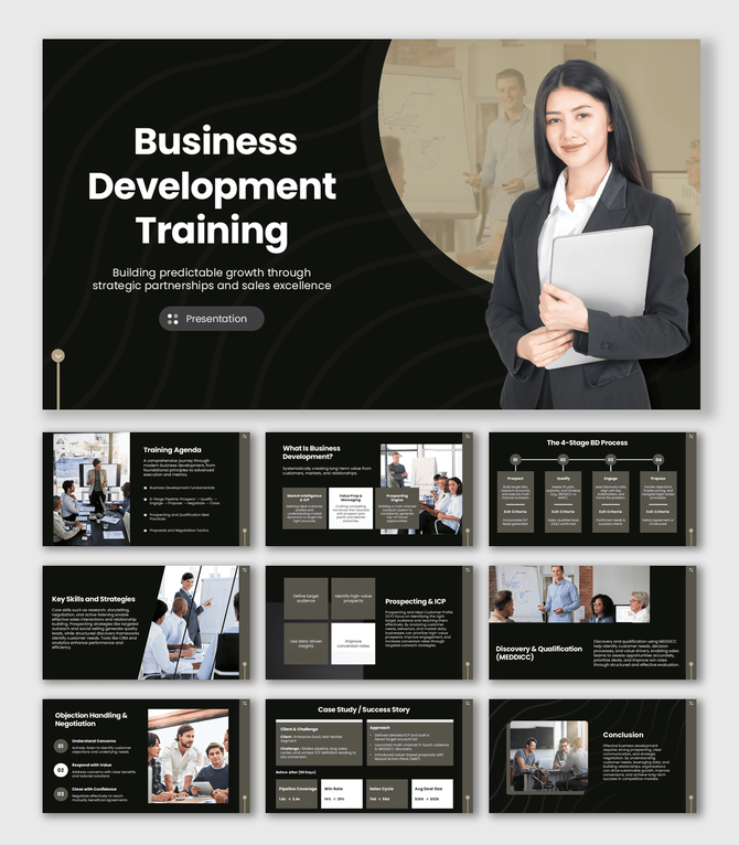 Business Development Training slides with dark theme, team images, shapes, and structured text sections.