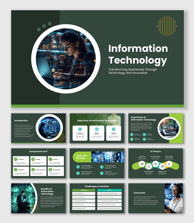 IT Information Technology presentation with green infographic layouts, tech visuals, and process slide designs.