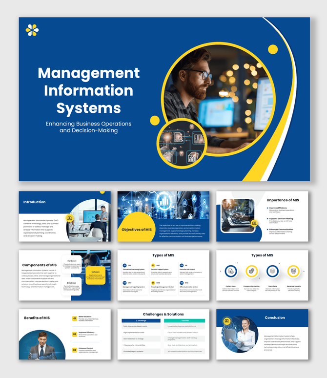Management Information Systems presentation with blue yellow layouts, MIS icons, charts, and business visuals.