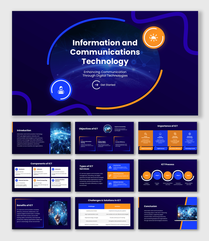 Information And Communications Technology presentation with blue orange layouts, ICT icons, and workflow visuals.