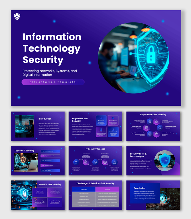 Information Technology Security presentation with purple cyber layouts, shield icons, and security workflow visuals.