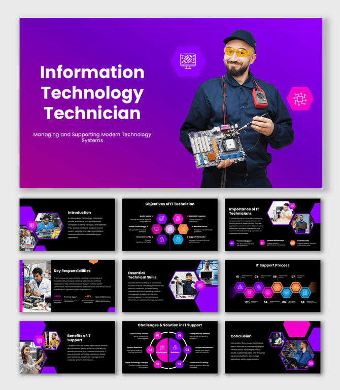 Information Technology Technician presentation with purple tech layouts, support visuals, and workflow slides.