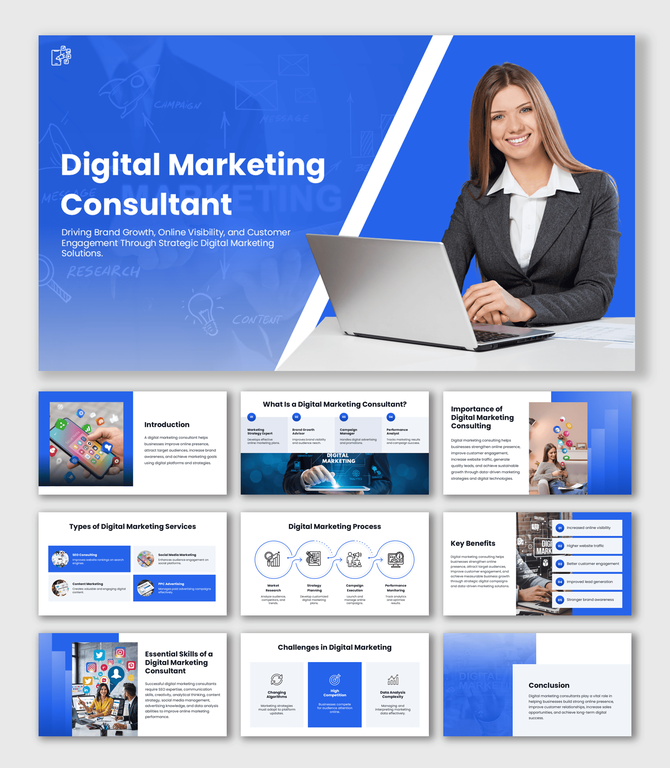 Digital Marketing Consultant presentation with blue layouts, marketing visuals, and strategy workflow slides.