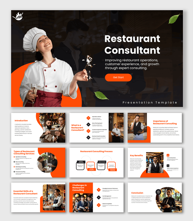 Restaurant Consultant presentation with orange layouts, chef visuals, and restaurant strategy workflow slides.