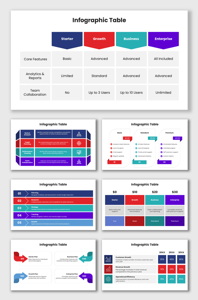 Table Infographic Template with colorful comparison tables, pricing layouts, and business data sections.