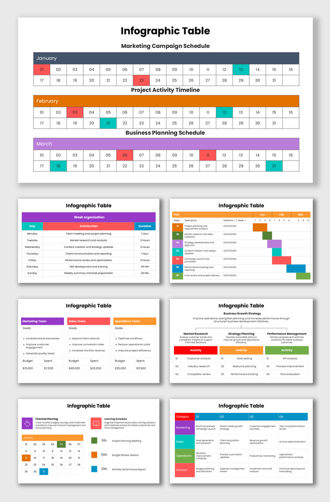 Infographic Table with colorful schedule layouts, planning timelines, and business activity table sections.