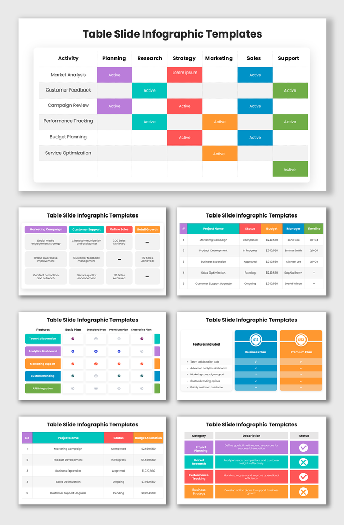 Table Slide Infographic Templates with colorful business tables, pricing grids, and clean comparison layouts.