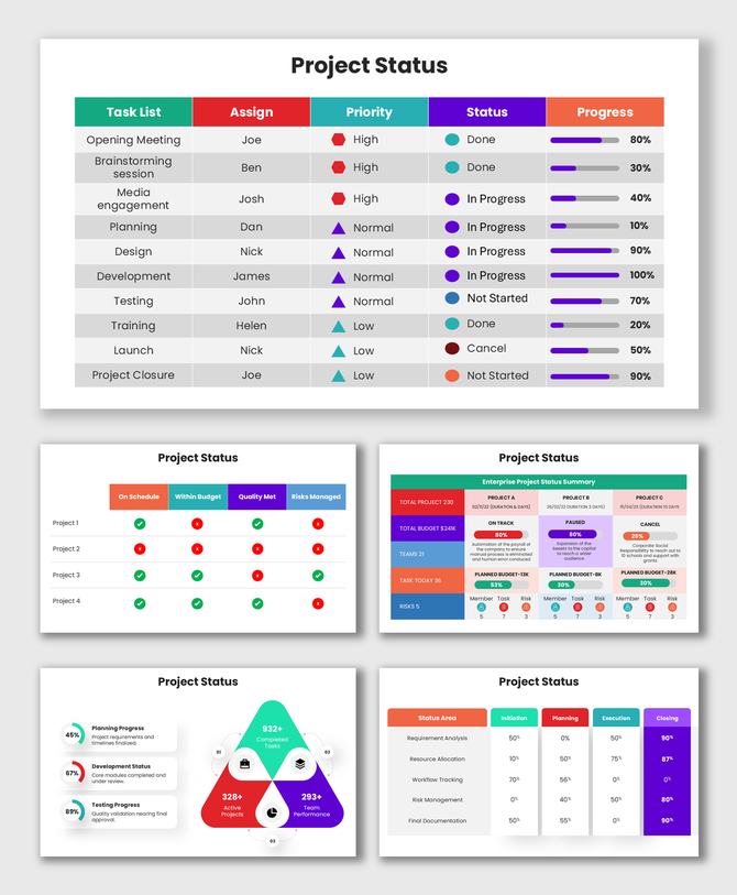 Different Project Status with colorful task tables, progress bars, status icons, and project tracking layouts.