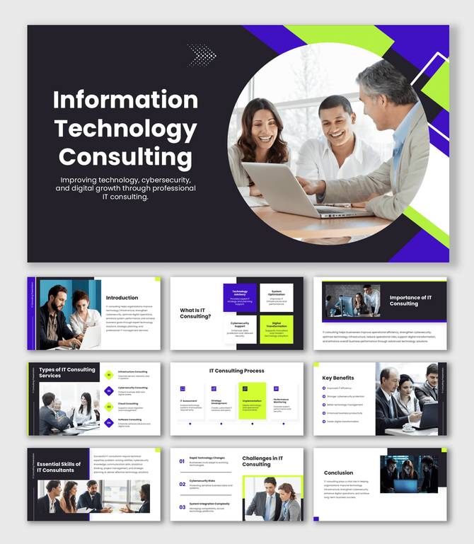 IT Consulting presentation with dark theme, lime accents, circular image, process flow, and content layouts.