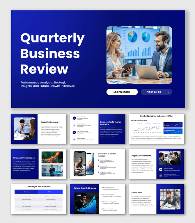 Quarterly Business Review PPT with blue-white layouts, business team visuals, and performance review slides.