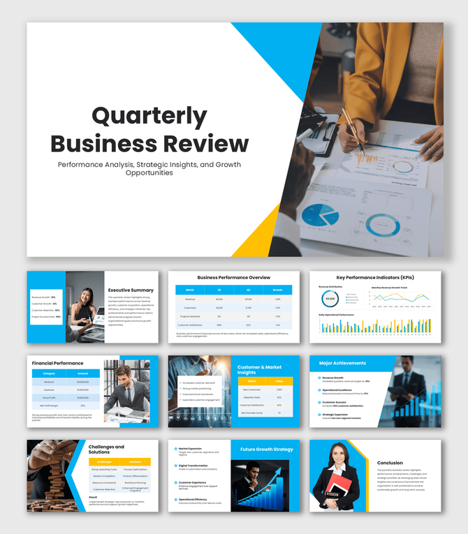 Quarterly Business Review Presentation Example with blue-yellow layouts, business visuals, and review slides.