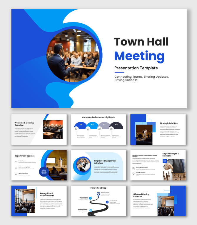Town Hall Meeting PPT Template with blue wave shapes, audience photos, business updates, engagement, and roadmap.