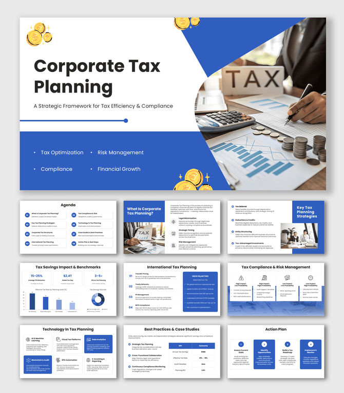 Corporate Tax Planning with calculator, tax documents, coin stacks, blue geometric design, and finance visuals.