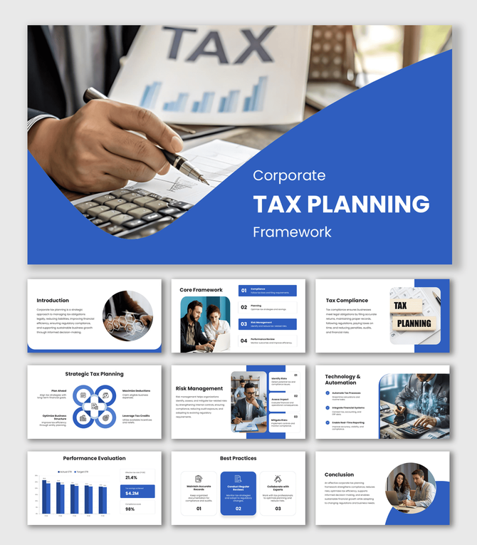 Corporate Tax Planning Framework with blue design, tax documents, calculator, pen, charts, and finance visuals.