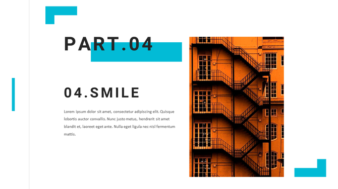 Minimalist slide in large font, left-aligned paragraph, and orange building photo with black metal staircase on the right.