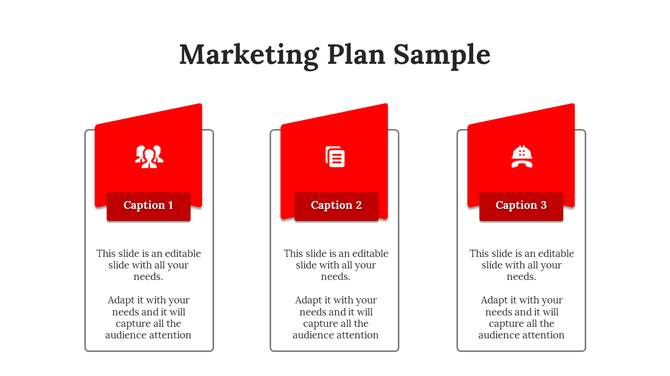 Marketing plan slide with three red sections, labeled 1 to 3, featuring icons and white text box below.