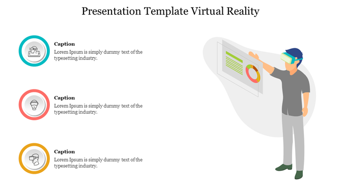 Illustration of a person using VR, interacting with a floating chart and three colorful circular icons with captions.