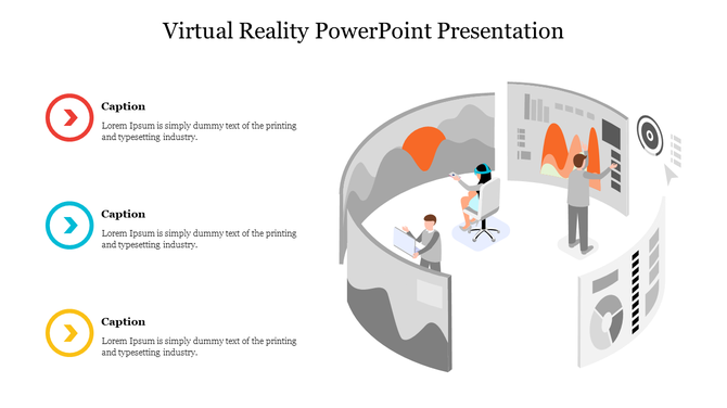 Illustration of a 3D Virtual reality environment with three people interacting, alongside colorful caption areas.