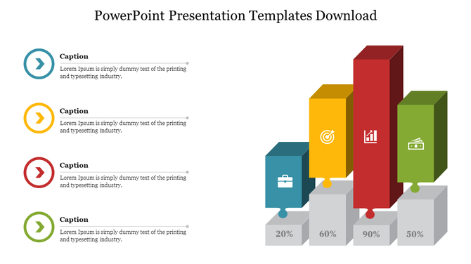 Colorful 3D chart with business, target, graph, and money icons atop bars, matched to caption icons with connector lines.