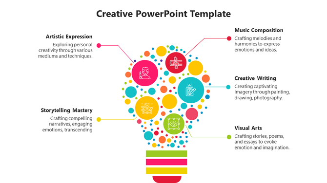 Light bulb design filled with colorful dots and icons, representing artistic themes linked to five descriptive text on sides.