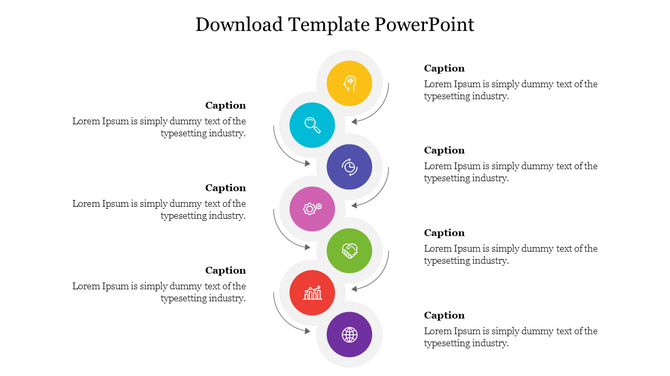 Vertical timeline with seven colorful circular icons and alternating text placeholders on both sides of the path.