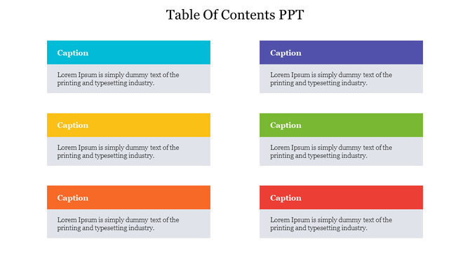 Table of contents slide with six colored content blocks in two columns, each with a bold caption and gray text area below.