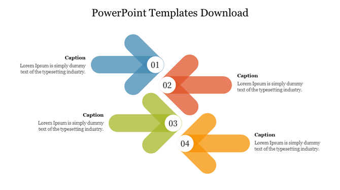 Comparison-style slide with four directional arrows in varying colors, each with its caption areas.