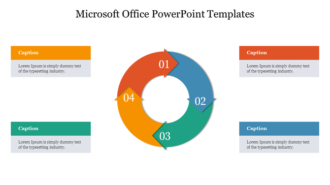 Microsoft office template with a circular arrow diagram and text boxes in red, blue, green, and orange.