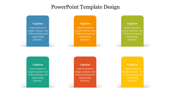 PowerPoint template design with six colorful blocks in blue, orange, green, red, yellow, and teal with caption placeholders.