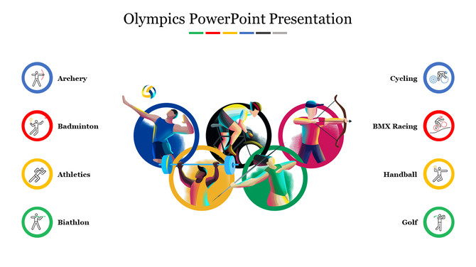 Olympics themed PowerPoint template featuring athletes engaging in various sports like archery, cycling, and badminton.