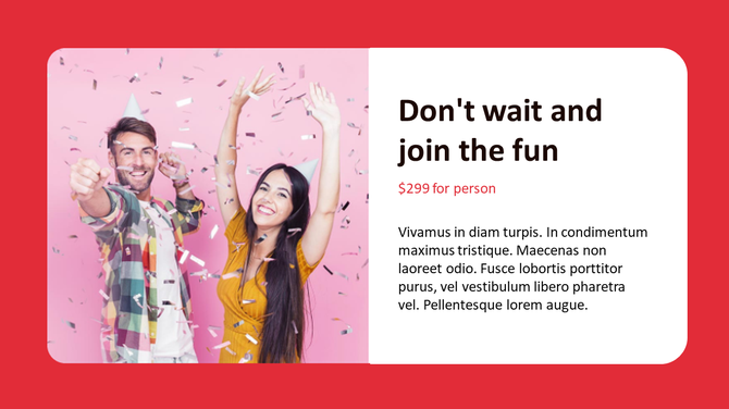 Party invitation slide showing two cheerful people in confetti with $299 offer and event details on white and red background.
