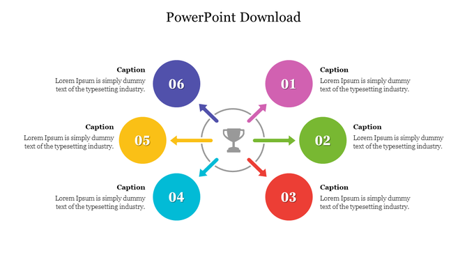 Colorful PowerPoint slide with six sections labeled with a different number and arrows pointing towards a central trophy.