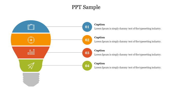 Light bulb infographic divided into four colored sections with icons and numbered captions from 01 to 04 on the right.