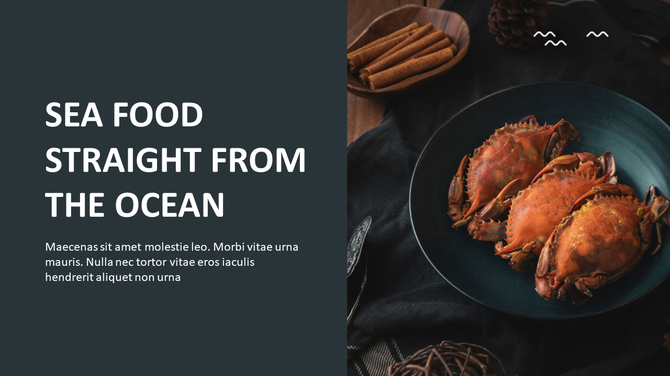 Seafood presentation slide featuring a plate of cooked crabs and cinnamon sticks on a dark background.