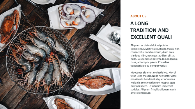 Seafood slide shows a grill of prawns and various seafood dishes on a wooden table, with text on the right.