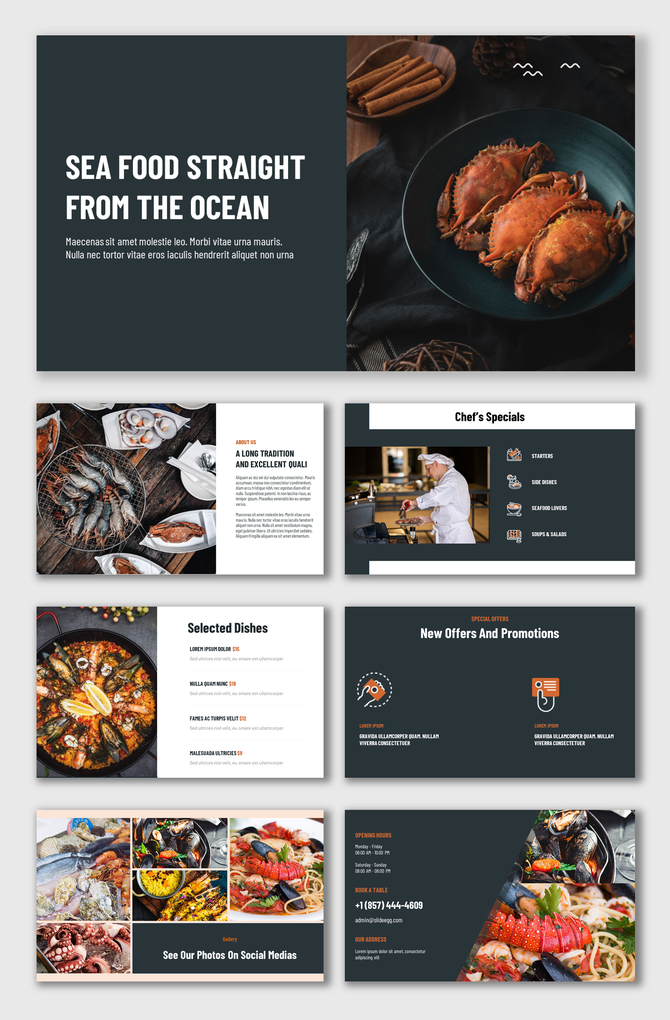 Seafood themed slides with photos of crabs, shrimp, and dishes, sections for menu, promotions, and contact info.