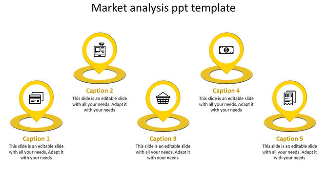 Market analysis slide with five yellow location markers showing icons for payment, register, basket, dollar, and document.