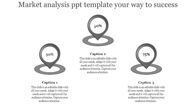 Market analysis template featuring three grey map pins with 30%, 50%, and 75%, aligned in a triangular pattern.