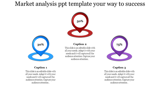 Market analysis template featuring three colored pins (blue, red, purple) with percentages 30%, 50%, and 75%.
