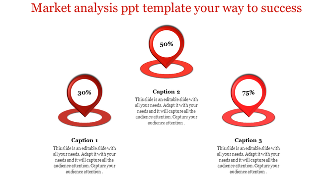 Market analysis slide with three red location pin icons displaying percentages labeled with captions.