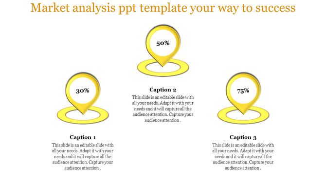 Market analysis PowerPoint template featuring six percentage milestones from 30 to 90 percent with corresponding captions.