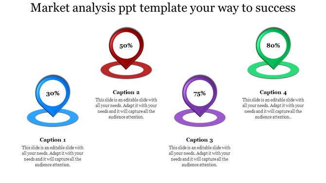 Colorful market analysis template with percentage values inside location pins, showing percentages with captions for each.
