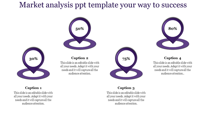 Market analysis template with four purple location markers displaying progress percentages, each with a caption area.