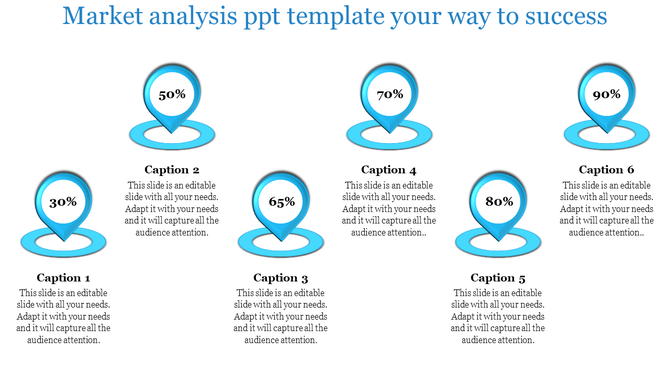 Market analysis slide with six percentage figures in blue location pin icons, with placeholders for captions.