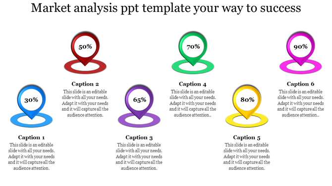 Six pin shaped icons in blue, red, purple, green, yellow, and pink, each with percentages and captions on a white background.