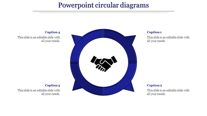 Infographic slide featuring a blue circular design with a handshake symbol at the center and text captions around it.