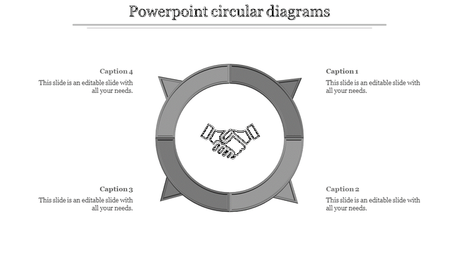 PowerPoint circular diagram in shades of gray with a handshake icon at the center.