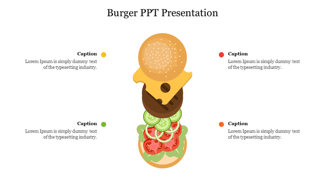 Colorful burger slide featuring a stacked burger illustration with caption areas.